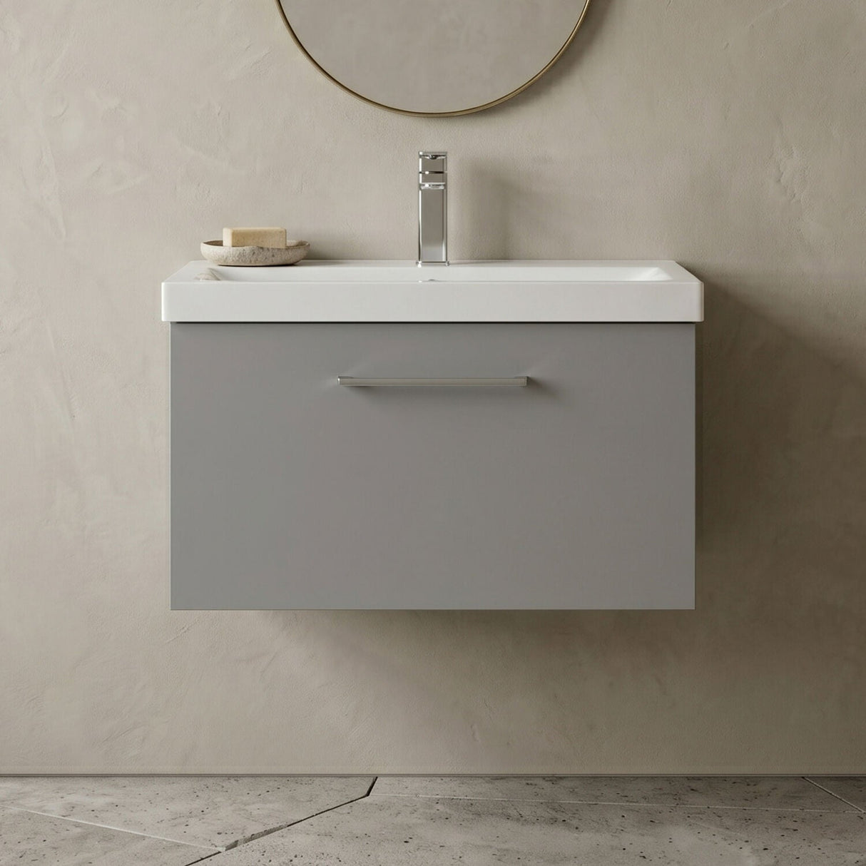 [BFLE2222A] Bramshall Wall Hung 1 Drawer Vanity Unit with Mid-Edge Ceramic Basin - Choice of Colour, Handle Finish and Size - Silo