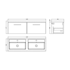 [BFLE2222C2] Bramshall Wall Hung 2 Drawer Vanity Basin Unit - 1200mm - Choice of Colour and Basin Type - Technical Drawing