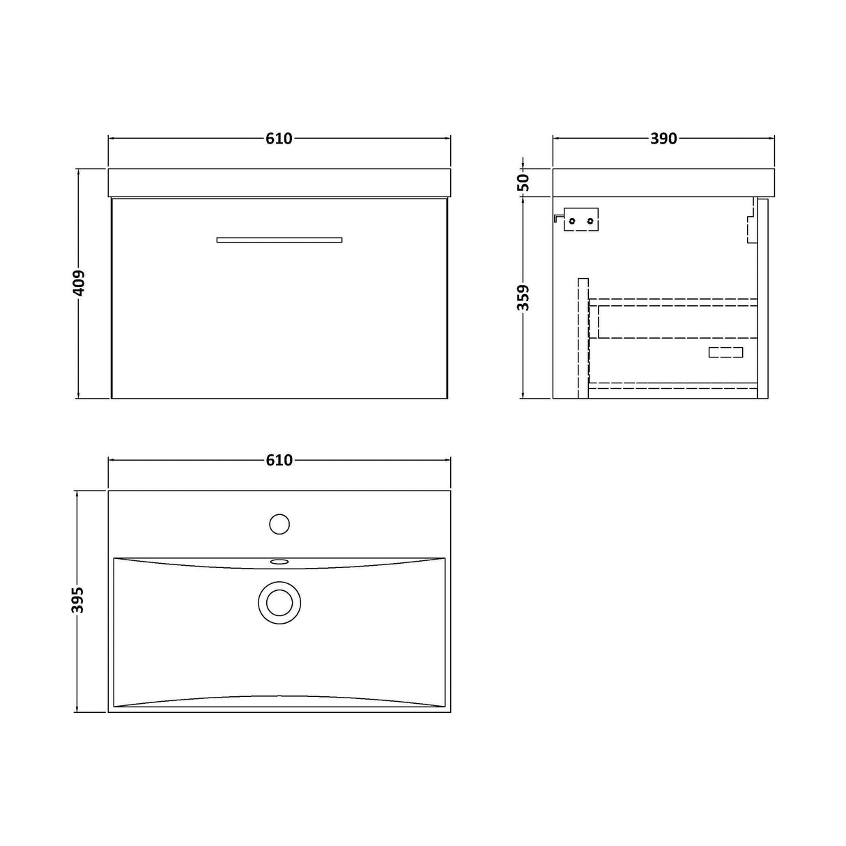 [BFLE2222D] Balterley  Contemporary Bathroom 1 Soft Close Drawer & Thin-Edge Wall Hung Vanity Unit Basin, Satin Grey, 600mm - Technical Drawing