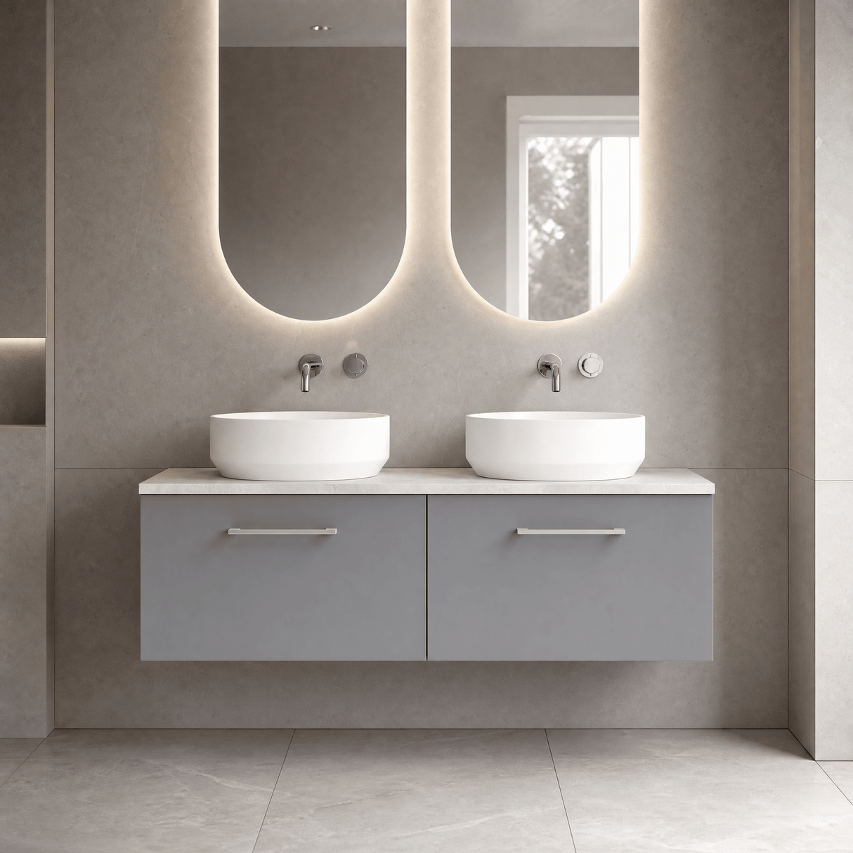 [BFLE2222LBG2] Bramshall Wall Hung 2 Drawer Vanity Unit with Bellato Grey Laminate Worktop, 1200mm, Choice of Colour