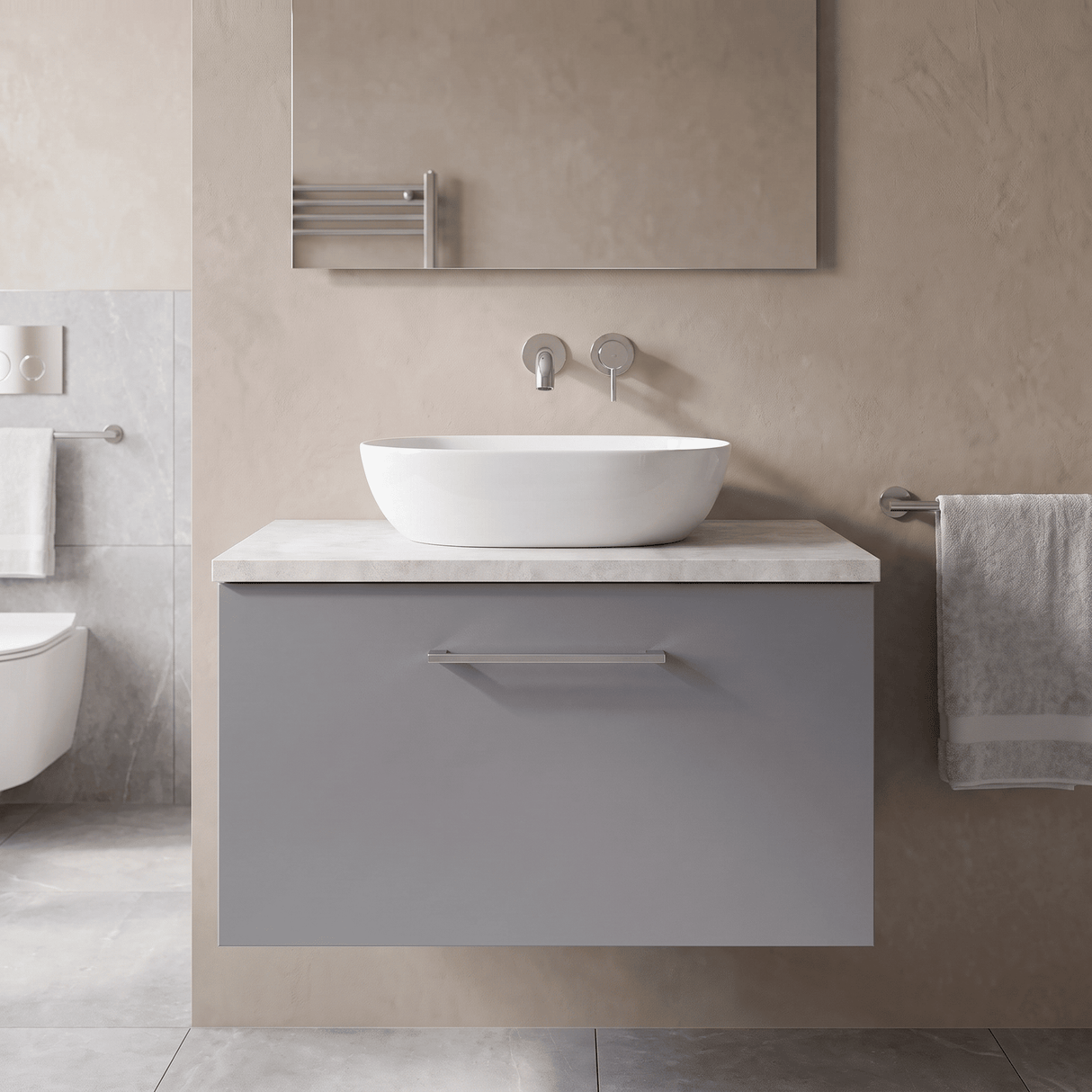 [BFLE2222LBG] Bramshall Contemporary 1 Drawer Wall Hung Vanity Unit with Bellato Grey Laminate Worktop, Choice of Size and Colour