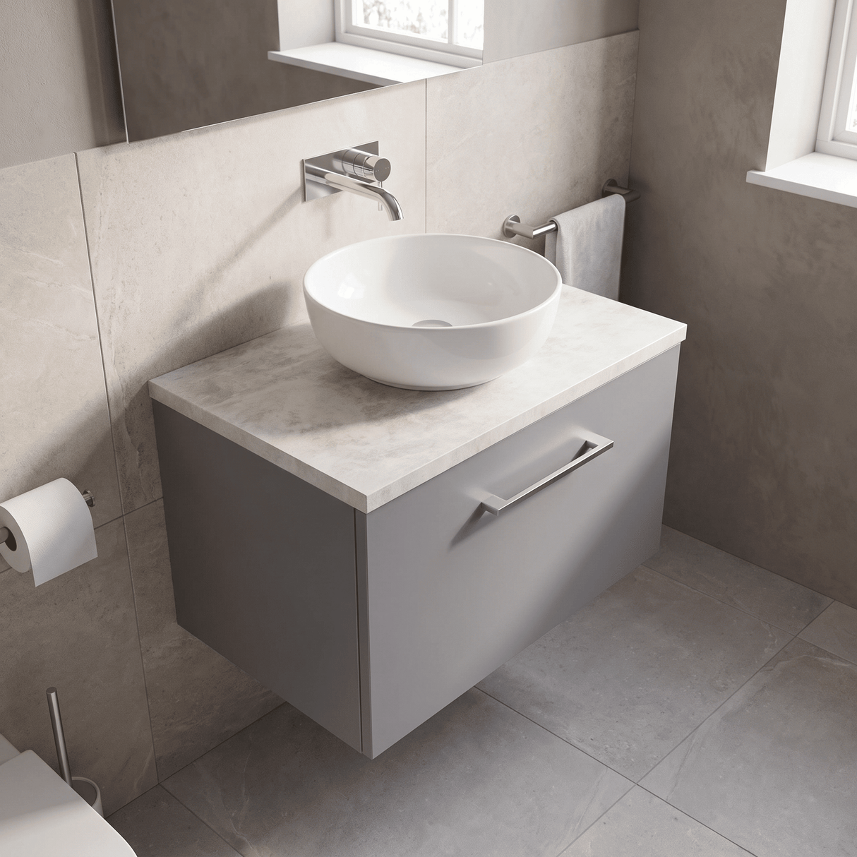 [BFLE2222LBG] Bramshall Contemporary 1 Drawer Wall Hung Vanity Unit with Bellato Grey Laminate Worktop, Choice of Size and Colour