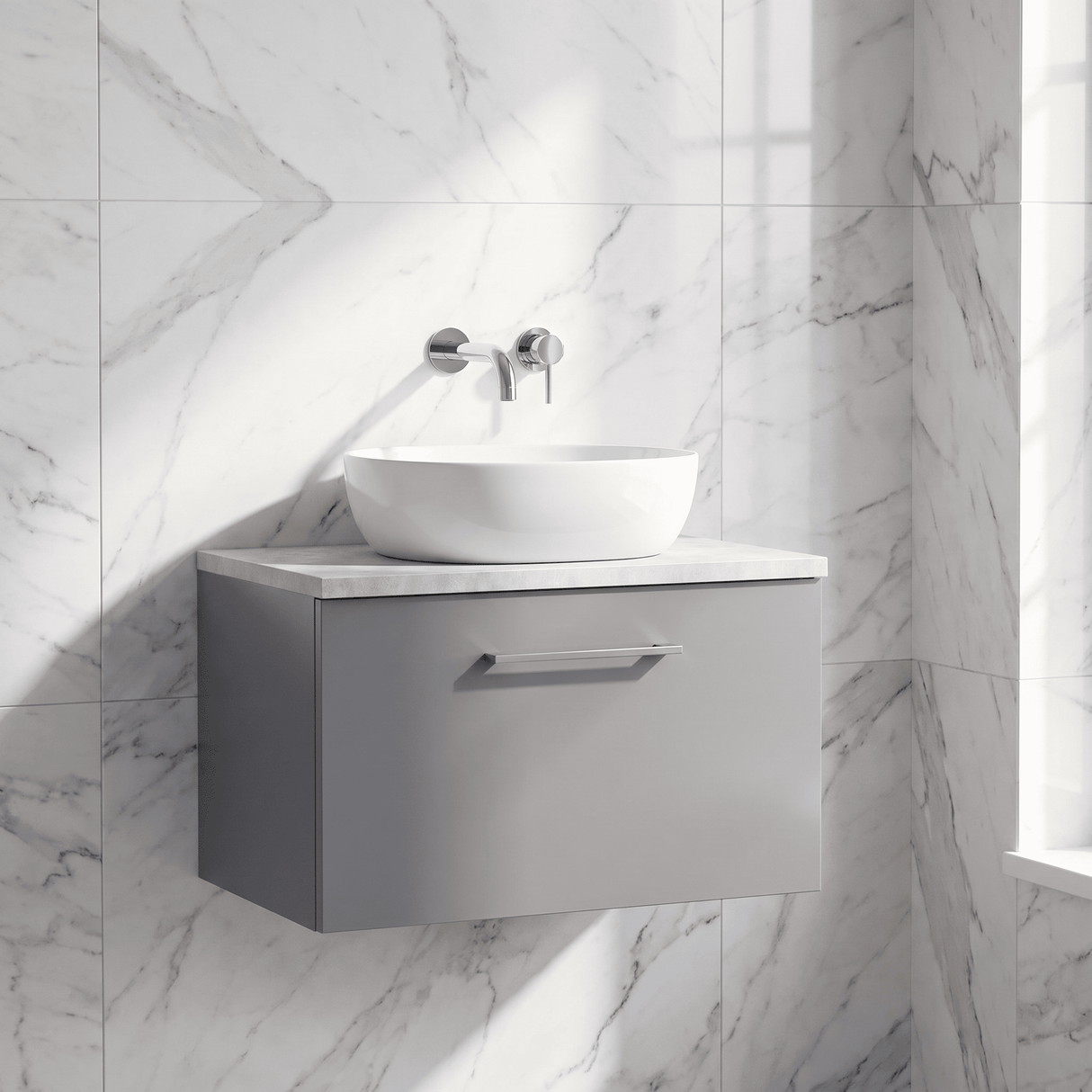 [BFLE2222LBG] Bramshall Contemporary 1 Drawer Wall Hung Vanity Unit with Bellato Grey Laminate Worktop, Choice of Size and Colour - Silo