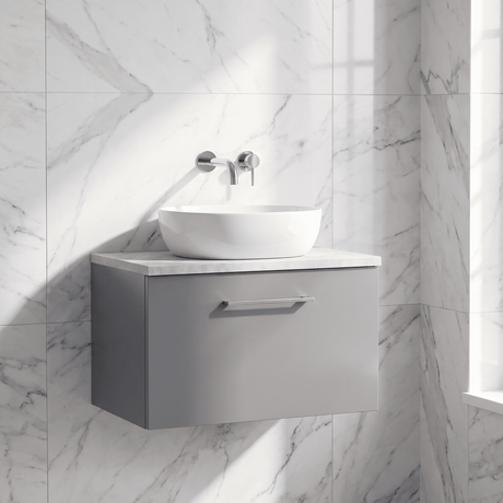 [BFLE2222LBG] Bramshall Contemporary 1 Drawer Wall Hung Vanity Unit with Bellato Grey Laminate Worktop, Choice of Size and Colour - Silo
