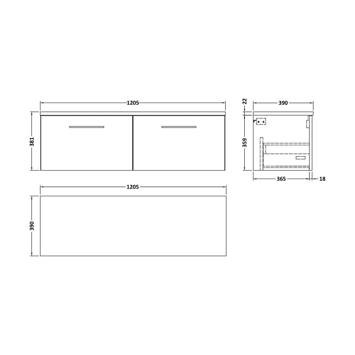 [BFLE2222LCM2] Balterley Level 1200mm Wall Hung 2 Drawer Vanity Unit & Laminate Worktop for Spacious Contemporary Bathroom Storage - Satin Grey - Technical Drawing