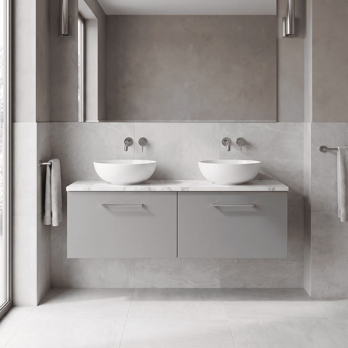 [BFLE2222LCM2] Bramshall Contemporary 2 Drawer Wall Hung Vanity Unit with Carrera Marble Laminate Worktop, 1200mm, Choice of Colour