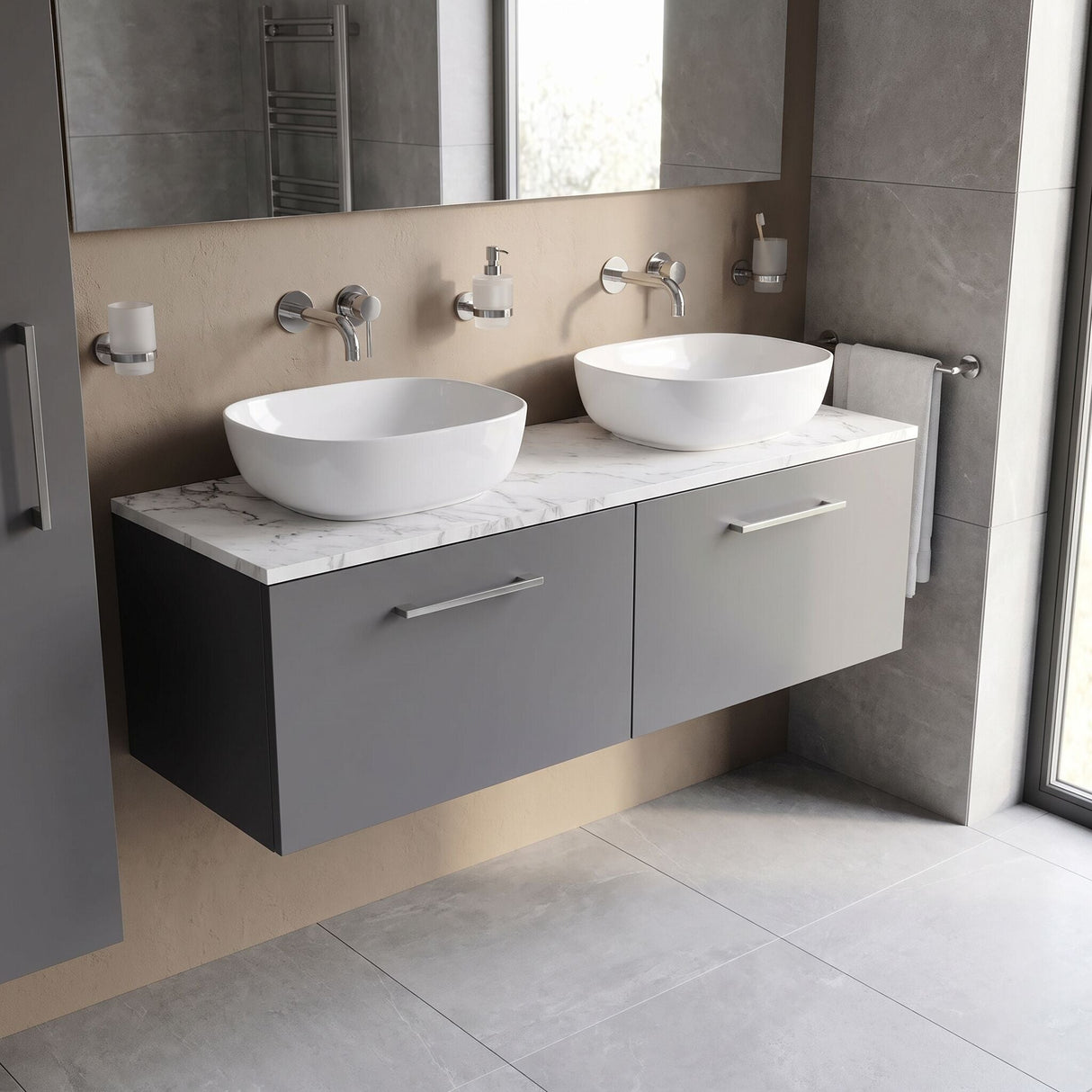 [BFLE2222LCM2] Bramshall Contemporary 2 Drawer Wall Hung Vanity Unit with Carrera Marble Laminate Worktop, 1200mm, Choice of Colour
