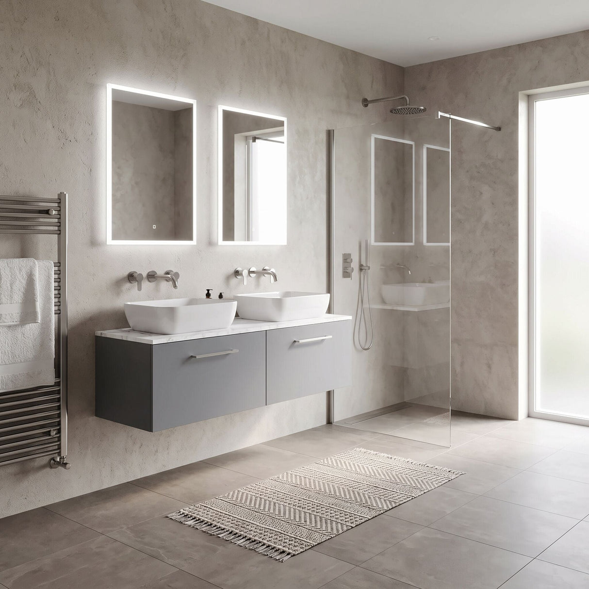 [BFLE2222LCM2] Bramshall Contemporary 2 Drawer Wall Hung Vanity Unit with Carrera Marble Laminate Worktop, 1200mm, Choice of Colour