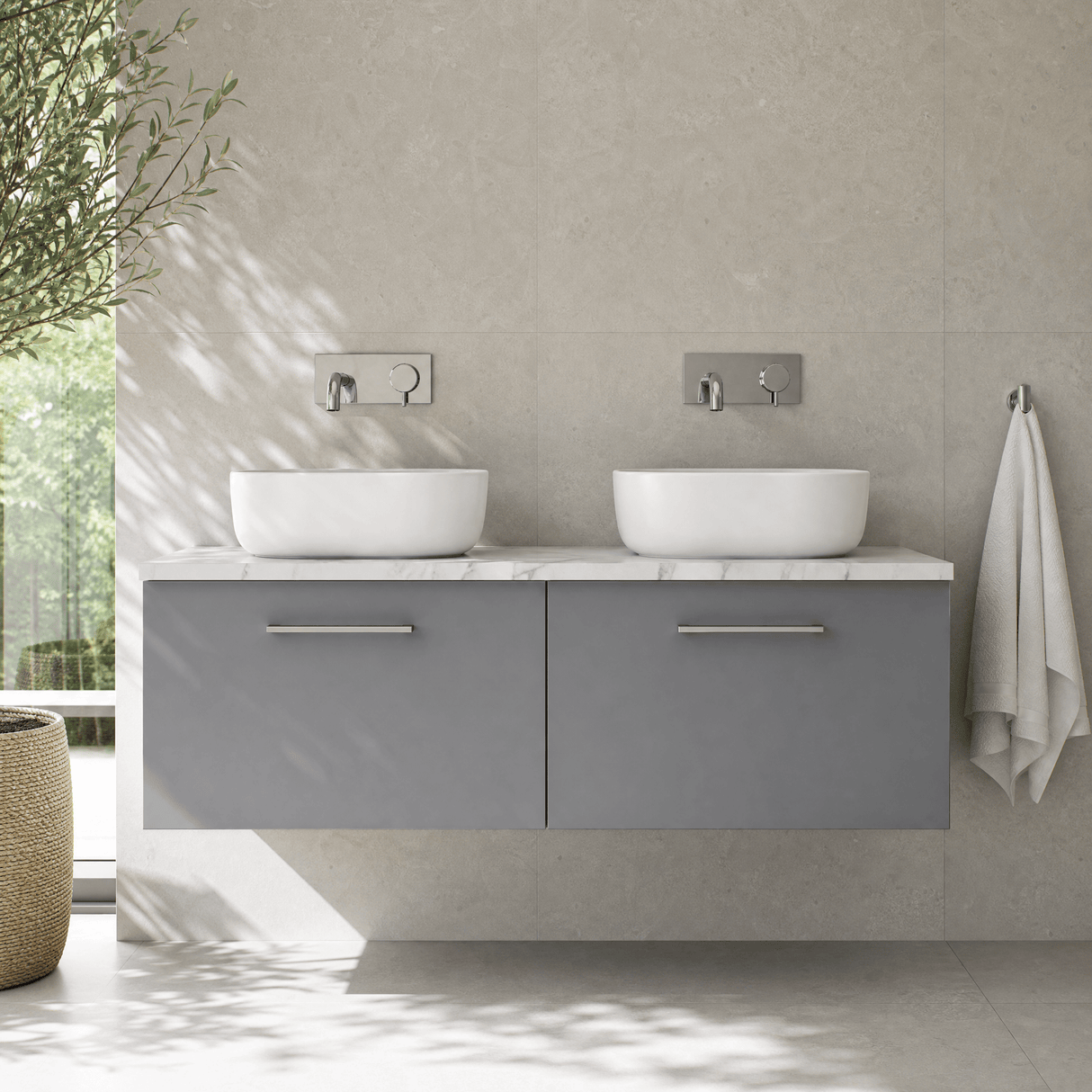 [BFLE2222LCM2] Bramshall Contemporary 2 Drawer Wall Hung Vanity Unit with Carrera Marble Laminate Worktop, 1200mm, Choice of Colour - Silo
