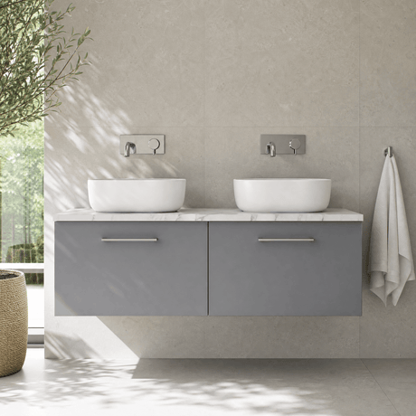 [BFLE2222LCM2] Bramshall Contemporary 2 Drawer Wall Hung Vanity Unit with Carrera Marble Laminate Worktop, 1200mm, Choice of Colour - Silo