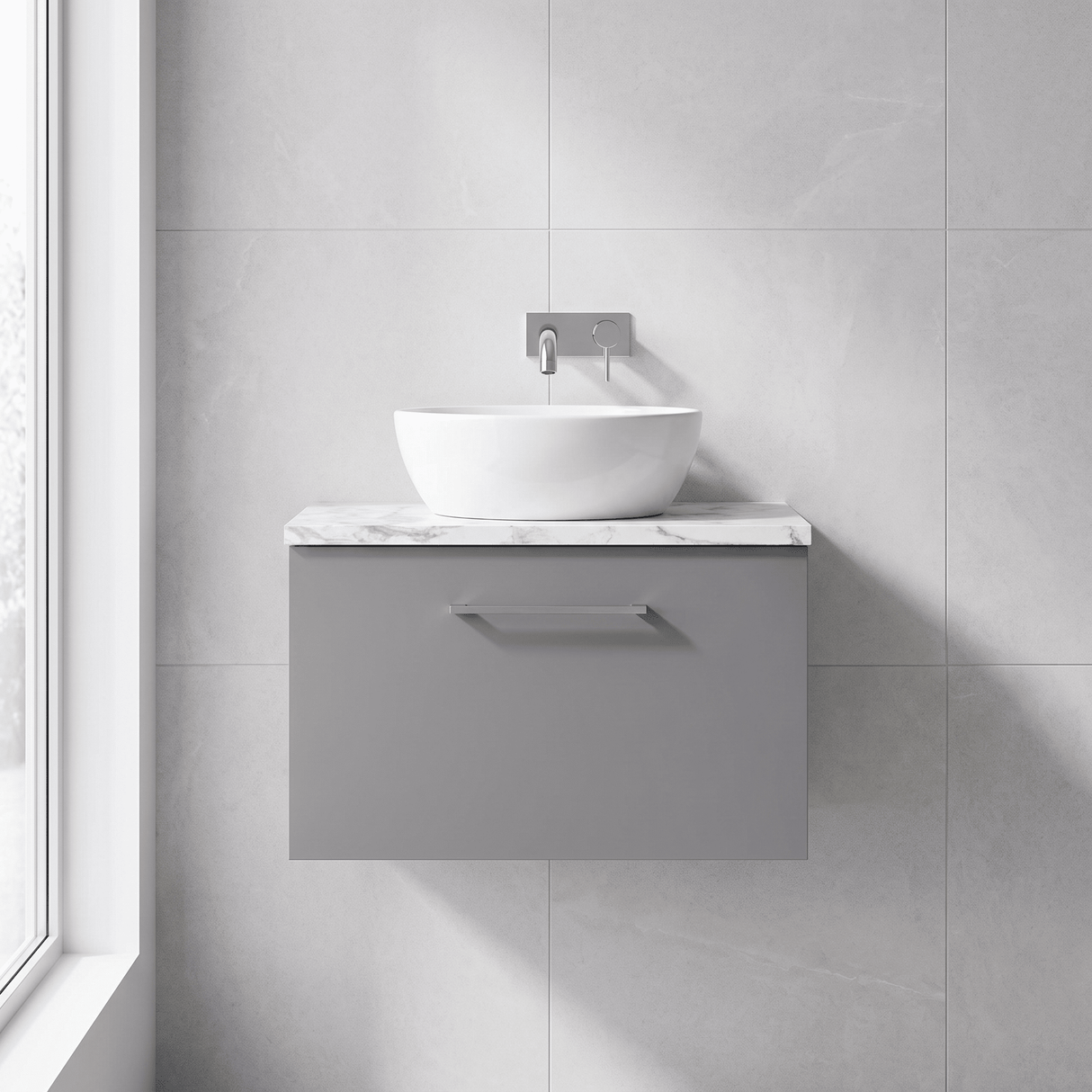 [BFLE2222LCM] Bramshall Contemporary 1 Drawer Wall Hung Vanity Unit with Carrera Marble Laminate Worktop, Choice of Size and Colour