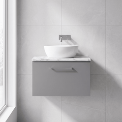 [BFLE2222LCM] Bramshall Contemporary 1 Drawer Wall Hung Vanity Unit with Carrera Marble Laminate Worktop, Choice of Size and Colour