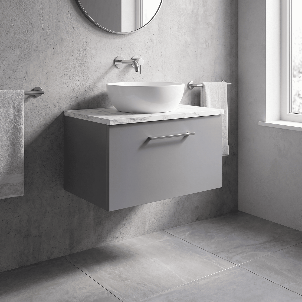[BFLE2222LCM] Bramshall Contemporary 1 Drawer Wall Hung Vanity Unit with Carrera Marble Laminate Worktop, Choice of Size and Colour