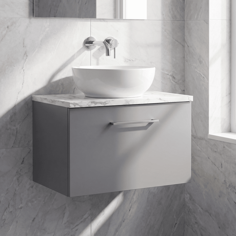 [BFLE2222LCM] Bramshall Contemporary 1 Drawer Wall Hung Vanity Unit with Carrera Marble Laminate Worktop, Choice of Size and Colour - Silo