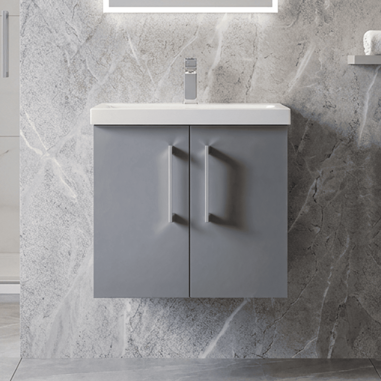 [BFLE2223A] Bramshall Contemporary 2 Door Wall Hung Vanity Basin Unit with Mid-Edge Basin, Choice of Size and Colour - Silo