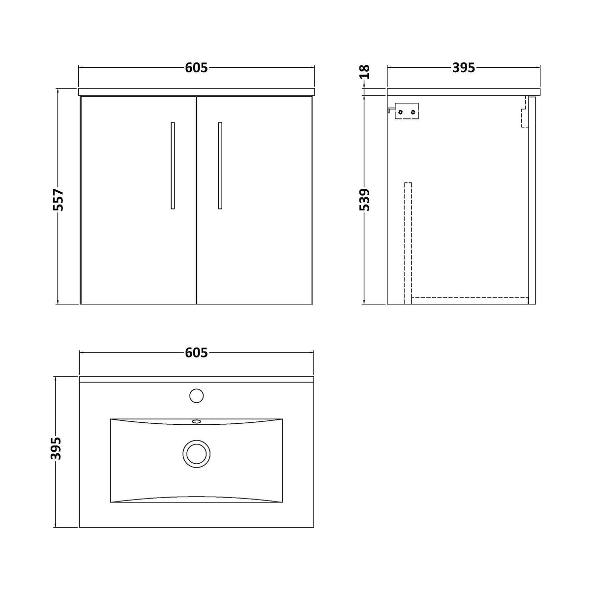 [BFLE2223B] Bramshall Contemporary 2 Door Wall Hung Vanity Basin Unit, Choice of Size, Colour and Basin - Technical Drawing