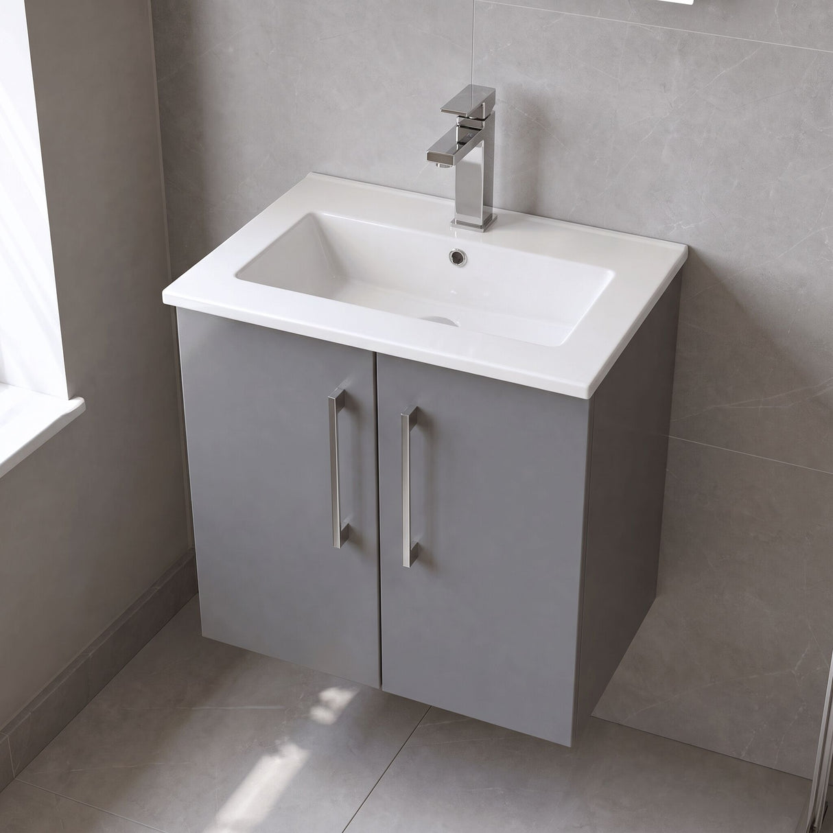 [BFLE2223B] Balterley Level Modern Bathroom 2 Soft Close Door & Minimalist Wall Hung Vanity Unit Basin, Satin Grey, 6000mm - Lifestyle 2