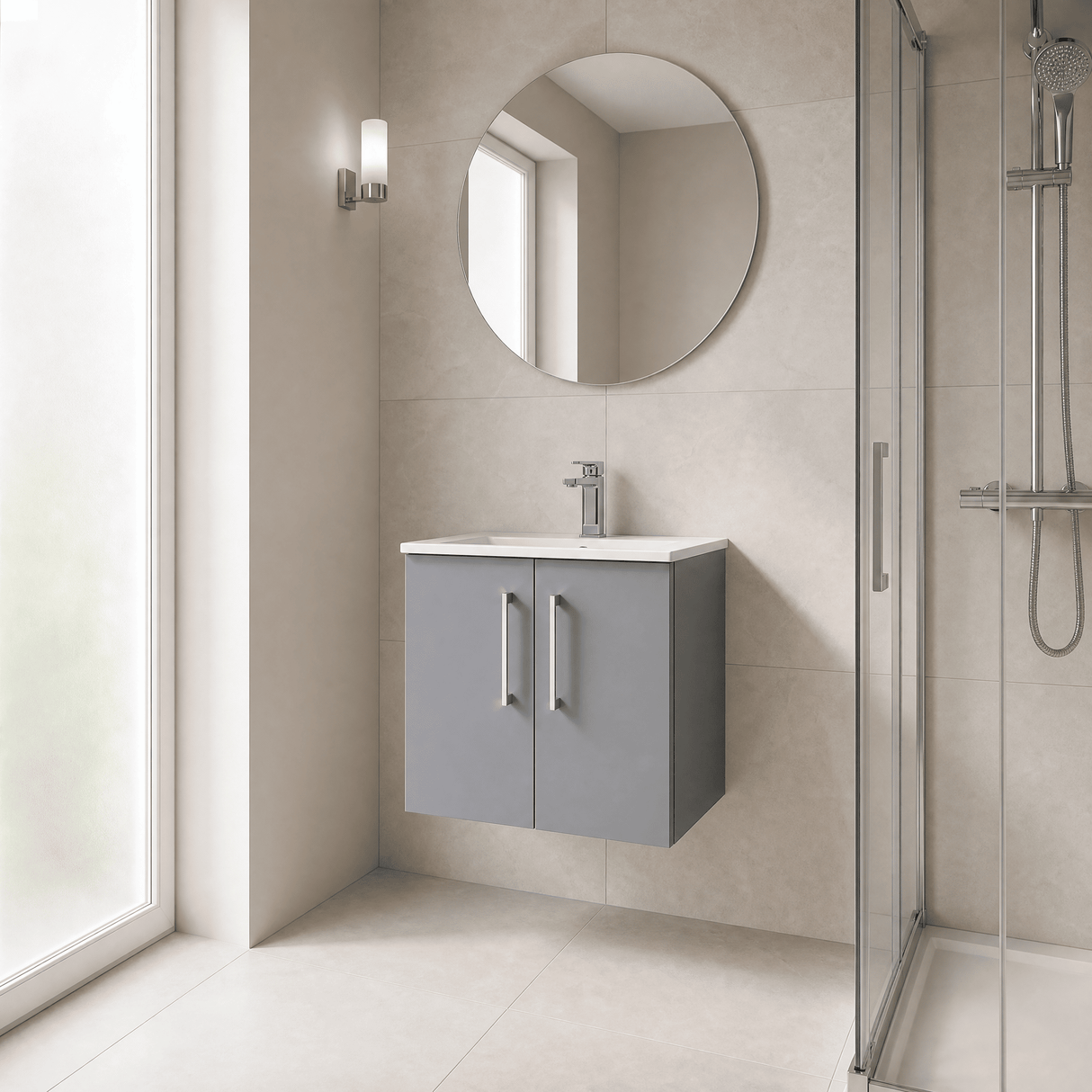 [BFLE2223B] Balterley Level Modern Bathroom 2 Soft Close Door & Minimalist Wall Hung Vanity Unit Basin, Satin Grey, 6000mm - Lifestyle 3