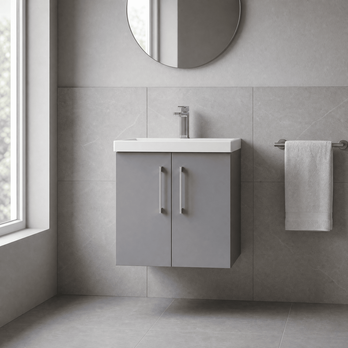 [BFLE2223D] Balterley  Contemporary Bathroom 2 Soft Close Door & Thin-Edge Wall Hung Vanity Unit Basin, Satin Grey, 600mm - Lifestyle 1
