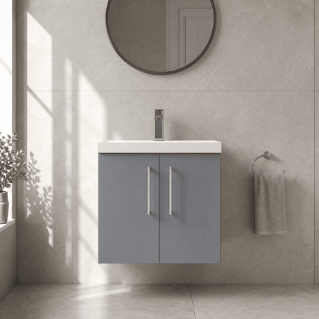 [BFLE2223D] Balterley  Contemporary Bathroom 2 Soft Close Door & Thin-Edge Wall Hung Vanity Unit Basin, Satin Grey, 600mm - Silo