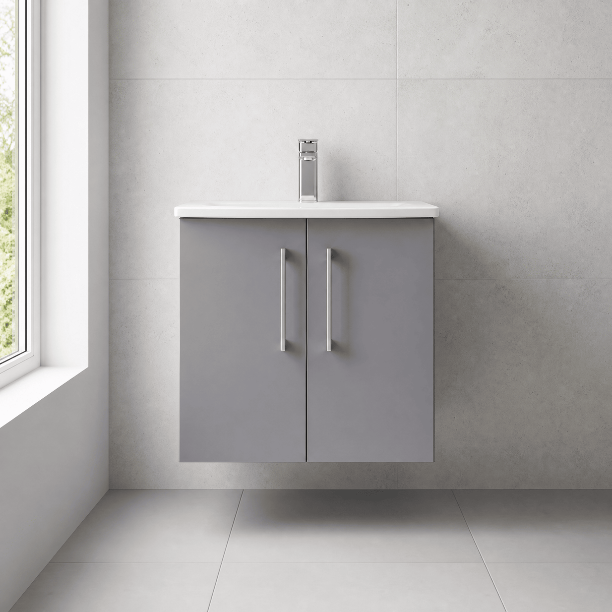 [BFLE2223G] Balterley  Modern Bathroom Wall Hung 2 Soft Close Door Vanity Unit & Curved Basin, Satin Grey, 600mm - Lifestyle 1