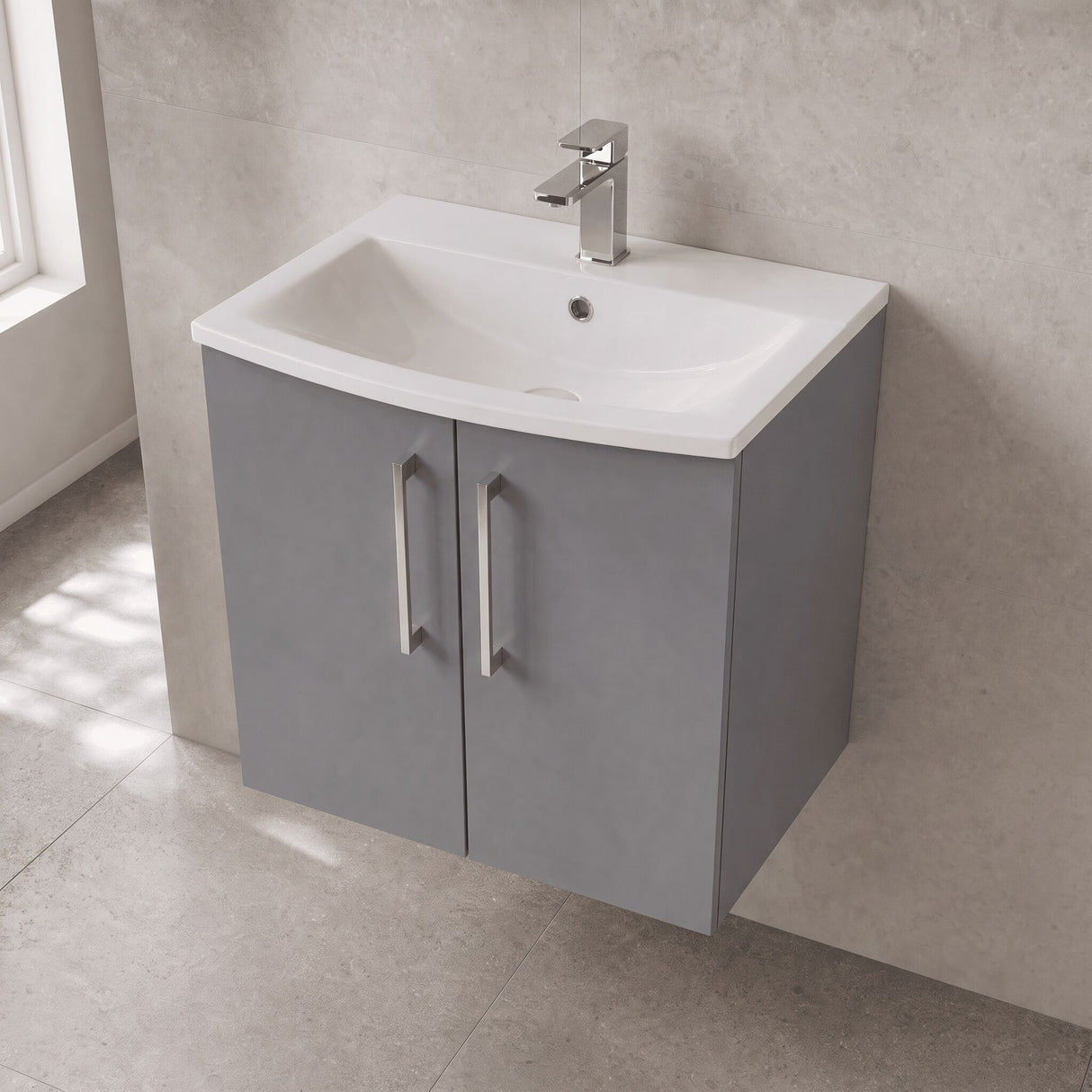 [BFLE2223G] Balterley  Modern Bathroom Wall Hung 2 Soft Close Door Vanity Unit & Curved Basin, Satin Grey, 600mm - Lifestyle 2