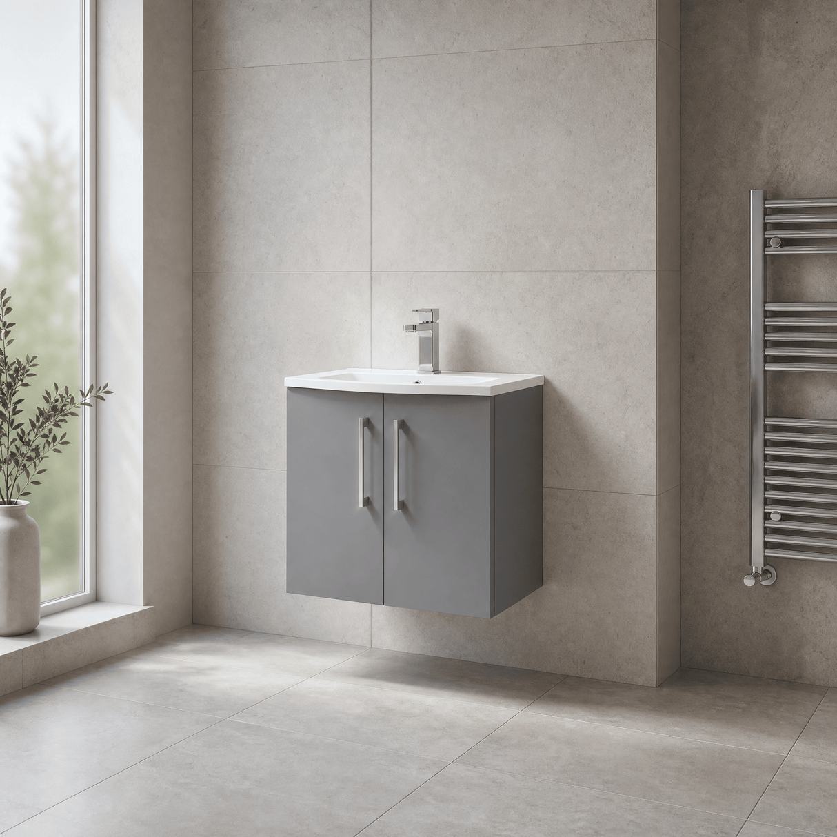 [BFLE2223G] Balterley  Modern Bathroom Wall Hung 2 Soft Close Door Vanity Unit & Curved Basin, Satin Grey, 600mm - Lifestyle 3