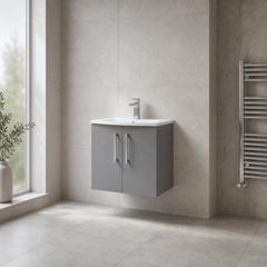[BFLE2223G] Balterley  Modern Bathroom Wall Hung 2 Soft Close Door Vanity Unit & Curved Basin, Satin Grey, 600mm - Lifestyle 3