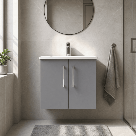 [BFLE2223G] Balterley  Modern Bathroom Wall Hung 2 Soft Close Door Vanity Unit & Curved Basin, Satin Grey, 600mm - Silo