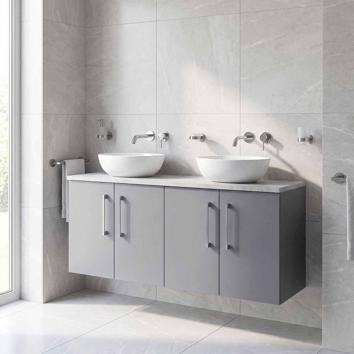 [BFLE2223LBG2] Bramshall Wall Hung 4 Door Vanity Unit with Bellato Grey Laminate Worktop, 1200mm, Choice of Colour
