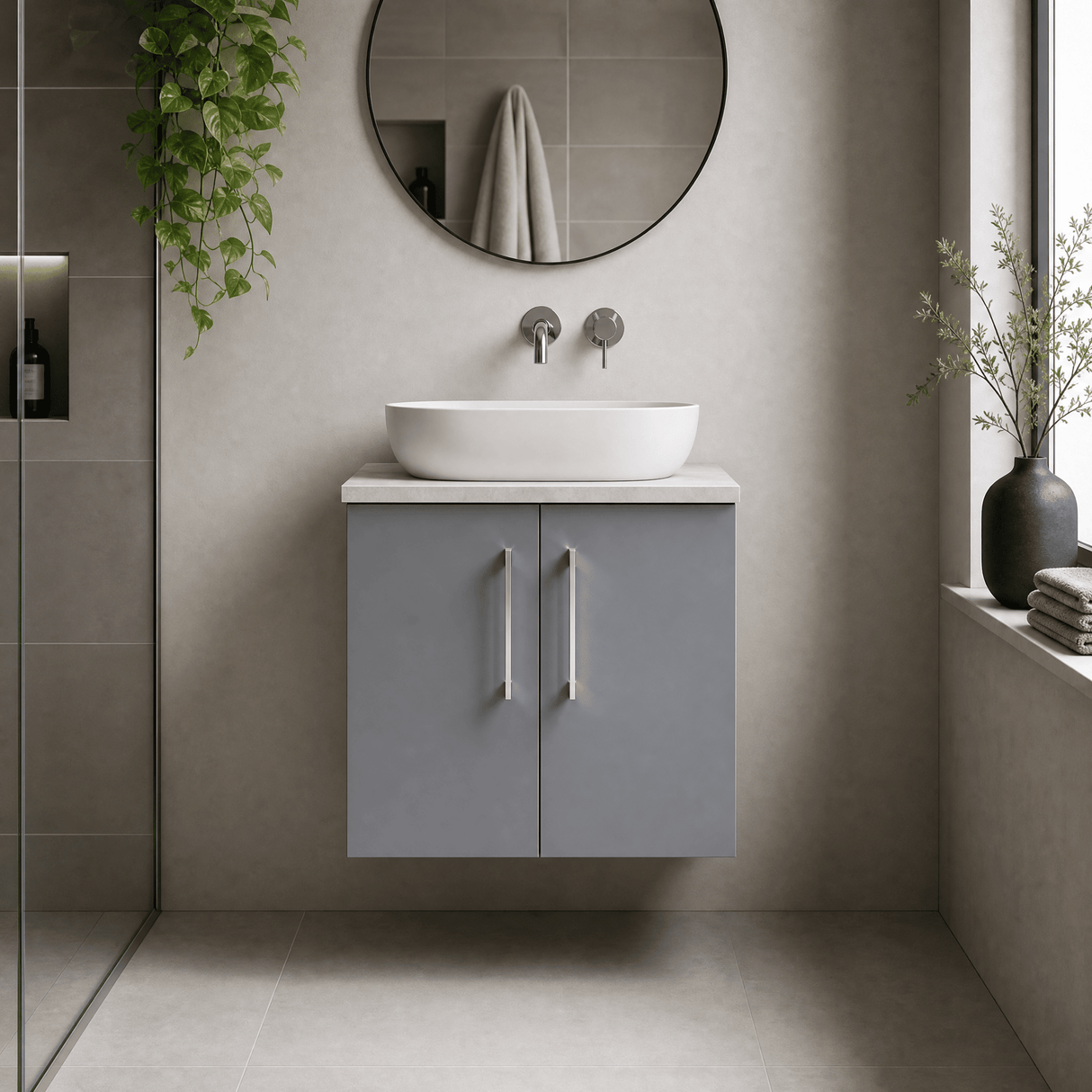 [BFLE2223LBG] Bramshall Wall Hung 2 Door Vanity Unit with Bellato Grey Laminate Worktop, 600mm, Choice of Colour