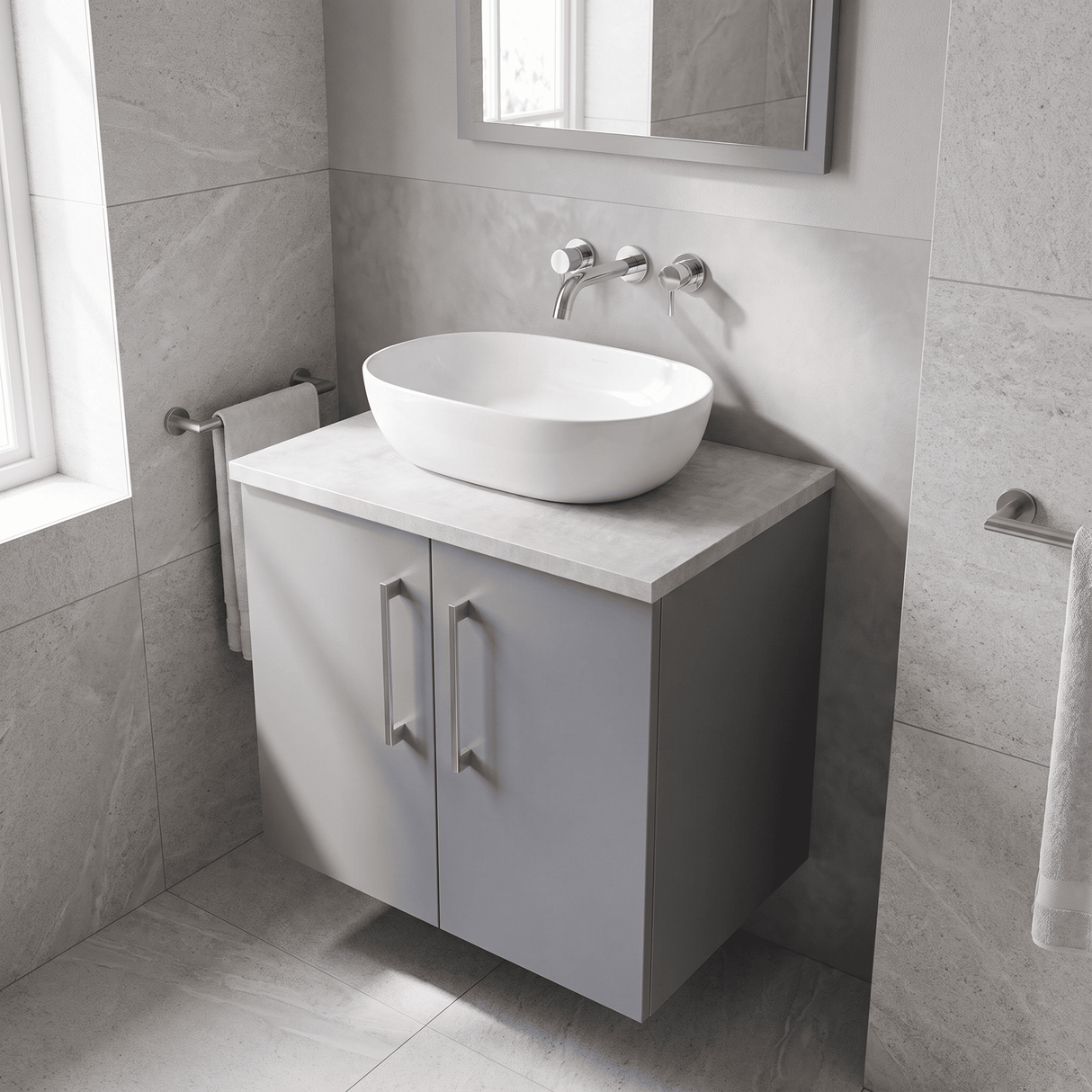 [BFLE2223LBG] Bramshall Wall Hung 2 Door Vanity Unit with Bellato Grey Laminate Worktop, 600mm, Choice of Colour
