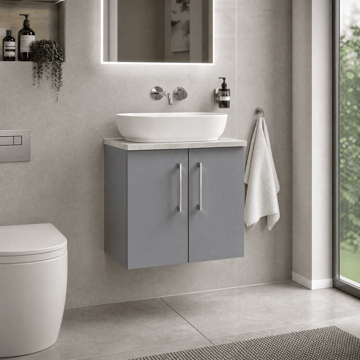 [BFLE2223LBG] Bramshall Wall Hung 2 Door Vanity Unit with Bellato Grey Laminate Worktop, 600mm, Choice of Colour