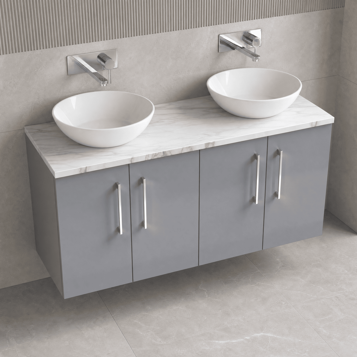[BFLE2223LCM2] Bramshall Contemporary 4 Door Wall Hung Vanity Unit with Carrera Marble Laminate Worktop, 1200mm, Choice of Colour