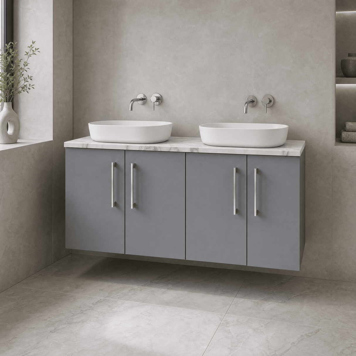 [BFLE2223LCM2] Bramshall Contemporary 4 Door Wall Hung Vanity Unit with Carrera Marble Laminate Worktop, 1200mm, Choice of Colour