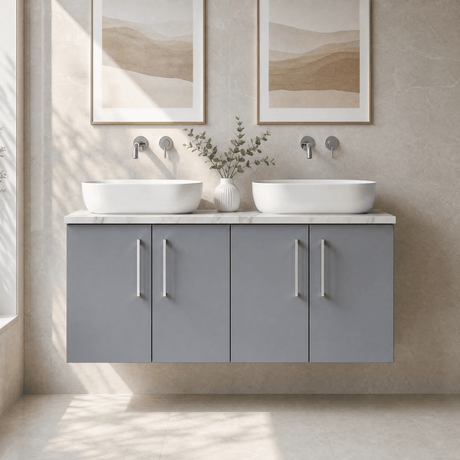 [BFLE2223LCM2] Bramshall Contemporary 4 Door Wall Hung Vanity Unit with Carrera Marble Laminate Worktop, 1200mm, Choice of Colour - Silo