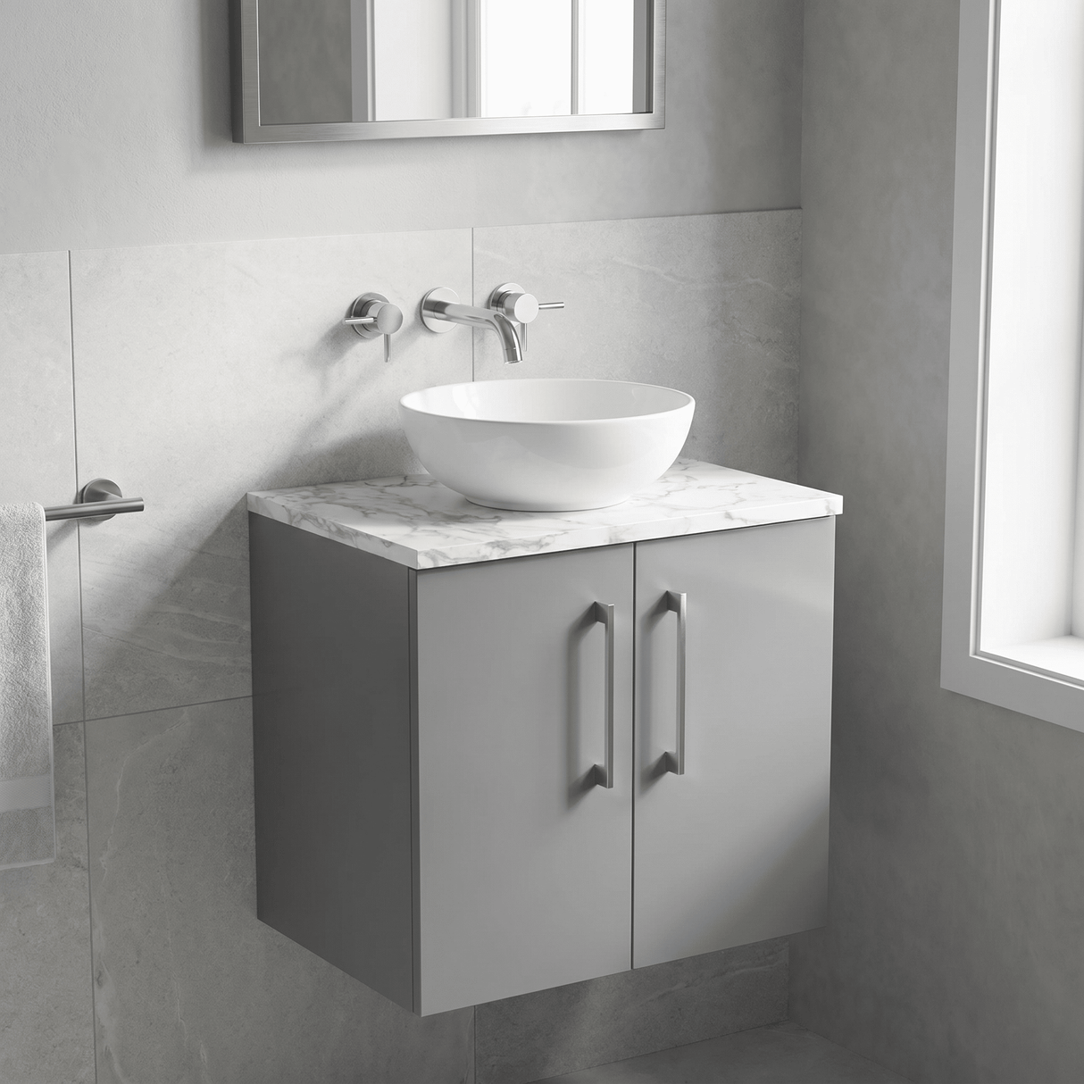 [BFLE2223LCM] Bramshall Contemporary 2 Door Wall Hung Vanity Unit with Carrera Marble Laminate Worktop, 600mm, Choice of Colour
