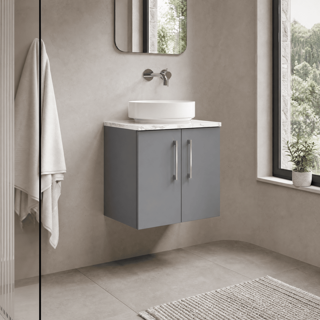 [BFLE2223LCM] Bramshall Contemporary 2 Door Wall Hung Vanity Unit with Carrera Marble Laminate Worktop, 600mm, Choice of Colour