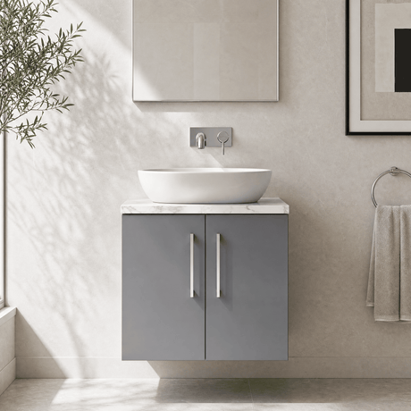 [BFLE2223LCM] Bramshall Contemporary 2 Door Wall Hung Vanity Unit with Carrera Marble Laminate Worktop, 600mm, Choice of Colour - Silo