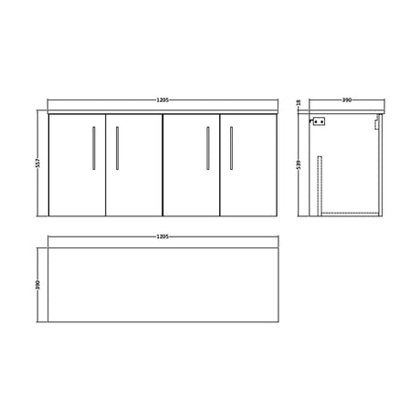 [BFLE2223W2] Balterley Level Modern Bathroom 1200mm Wall Hung 4-Door Vanity Unit with Laminate Worktop, Soft Close Doors, Satin Grey - Technical Drawing