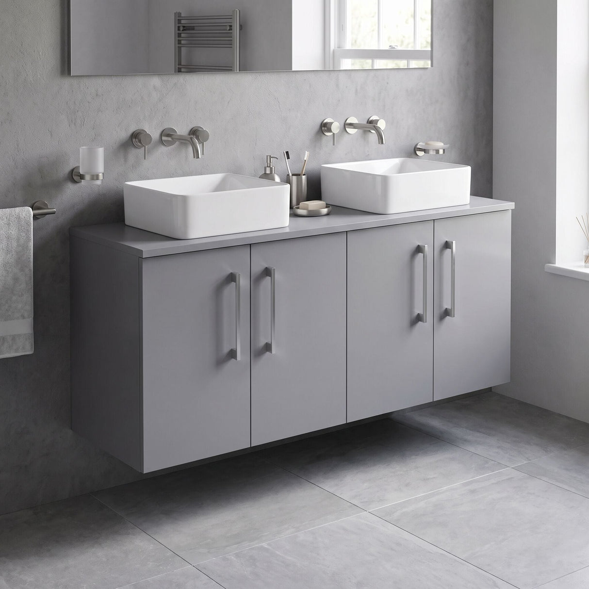 [BFLE2223W2] Bramshall Contemporary 4 Door Wall Hung Vanity Unit with Worktop, 1200mm, Choice of Colour