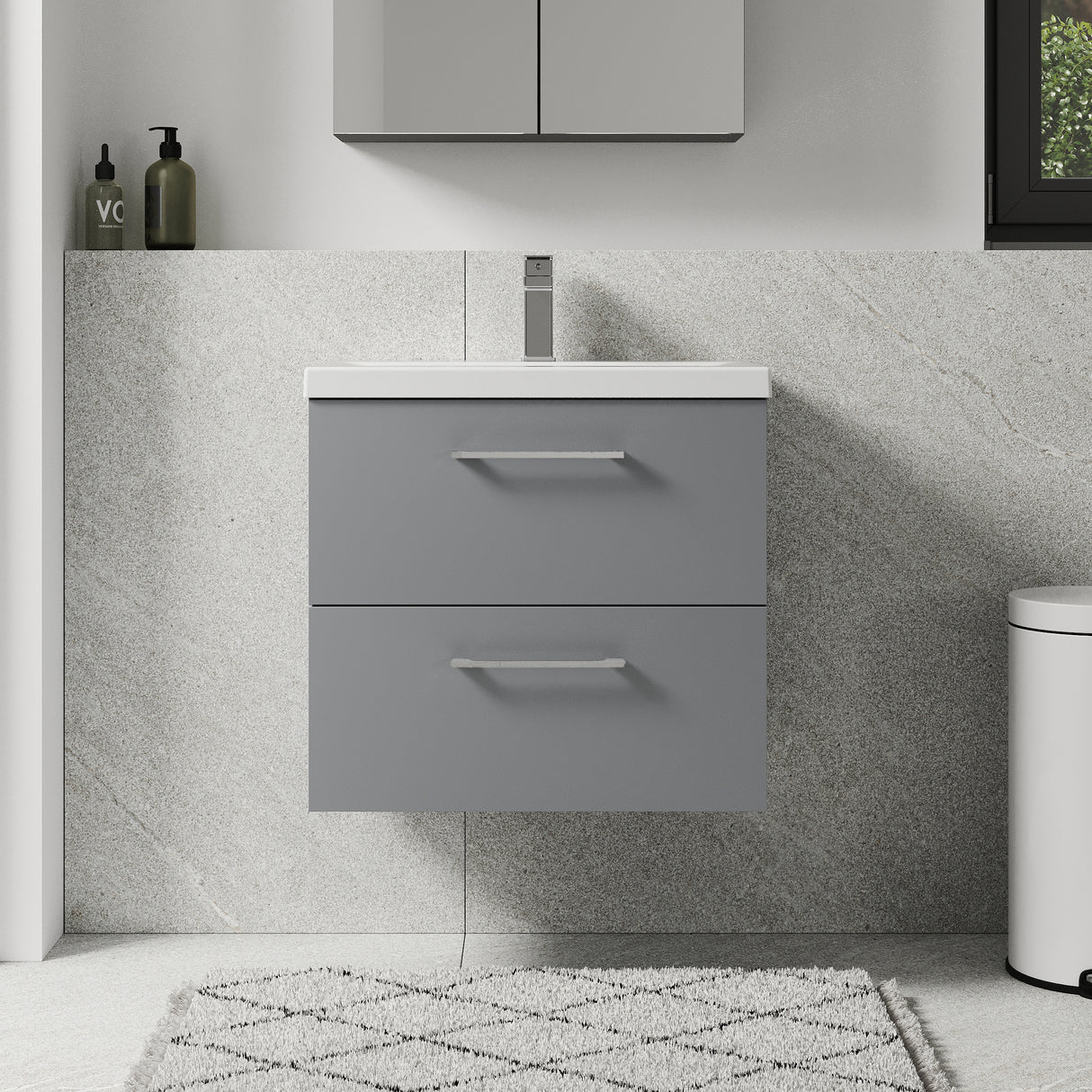 Wall Hung 2 Drawer Vanity Unit with Mid-Edge Ceramic Basin - Choice of Colour, Handle Finish and Size