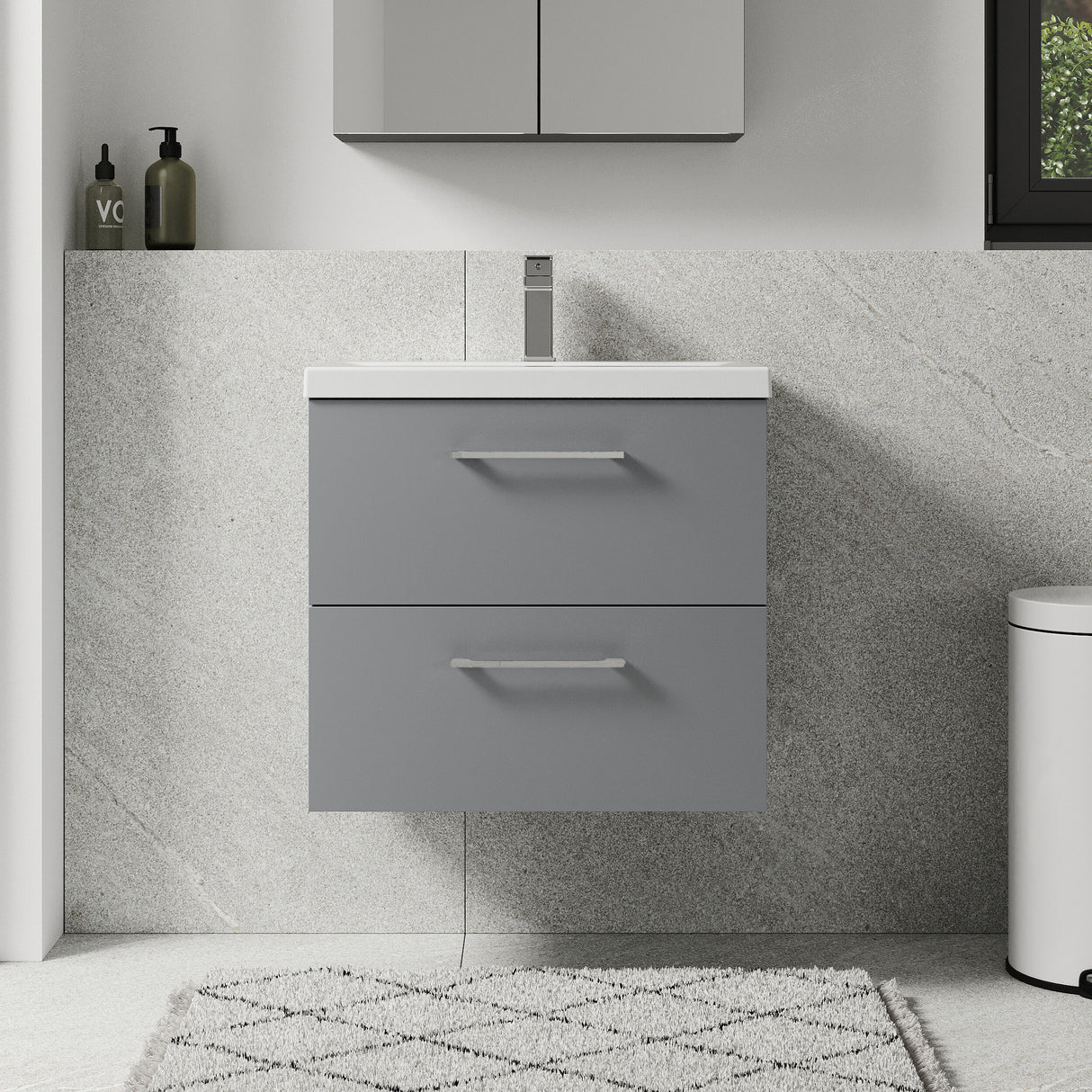 [BFLE2224A] Bramshall Wall Hung 2 Drawer Vanity Unit with Mid-Edge Ceramic Basin - Choice of Colour, Handle Finish and Size - Lifestyle 1