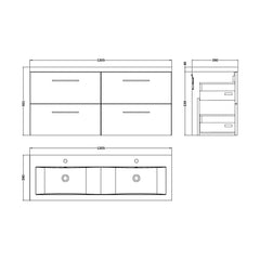 [BFLE2224F2] Balterley Level 1200mm Wall Hung 4-Drawer Vanity Unit with Double Basin for Modern Bathroom Storage - Gloss White - Technical Drawing