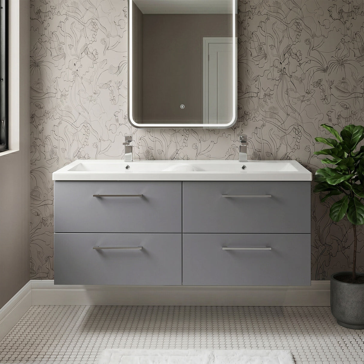 [BFLE2224F2] Balterley Level 1200mm Wall Hung 4-Drawer Vanity Unit with Double Basin for Modern Bathroom Storage - Gloss White - Silo