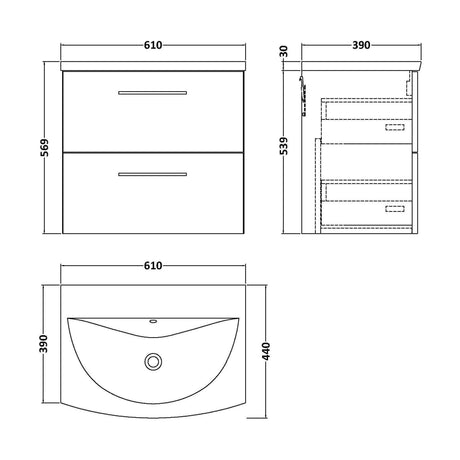 [BFLE2224G] Balterley  Modern Bathroom Wall Hung 2 Soft Close Drawer Vanity Unit & Curved Basin, Satin Grey, 600mm - Technical Drawing