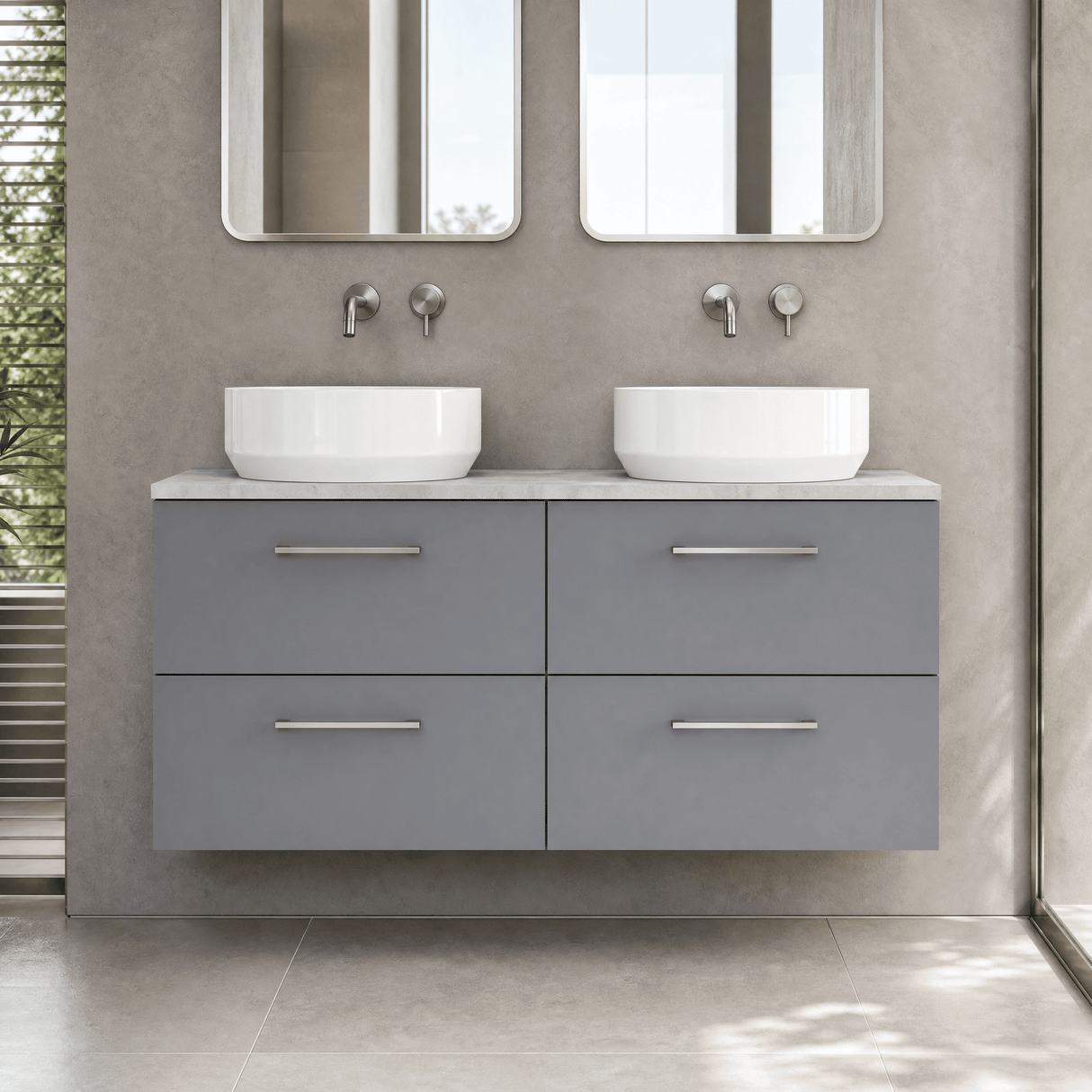 [BFLE2224LBG2] Bramshall Wall Hung 4 Drawer Vanity Unit with Bellato Grey Laminate Worktop, 1200mm, Choice of Colour