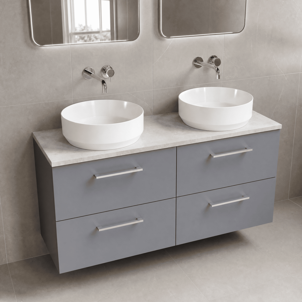 [BFLE2224LBG2] Bramshall Wall Hung 4 Drawer Vanity Unit with Bellato Grey Laminate Worktop, 1200mm, Choice of Colour