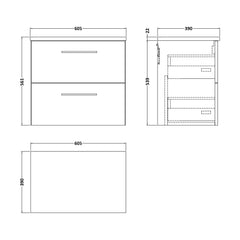 [BFLE2224LBG] Bramshall Contemporary 2 Drawer Wall Hung Vanity Unit with Bellato Grey Laminate Worktop, Choice of Size and Colour - Technical Drawing
