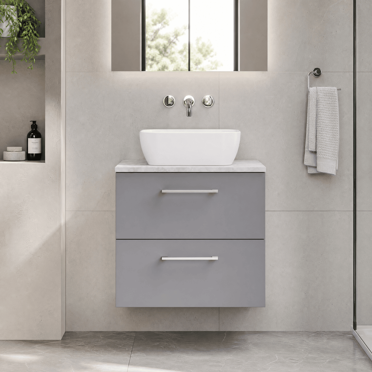 [BFLE2224LBG] Bramshall Contemporary 2 Drawer Wall Hung Vanity Unit with Bellato Grey Laminate Worktop, Choice of Size and Colour
